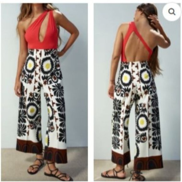This is a pair of Zara Floral Patterned High Waisted Wide-Leg Cropped Culotte Pa - Picture 1 of 4